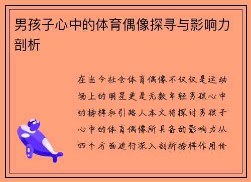 男孩子心中的体育偶像探寻与影响力剖析