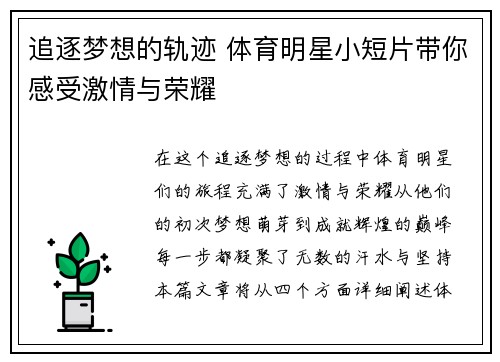 追逐梦想的轨迹 体育明星小短片带你感受激情与荣耀